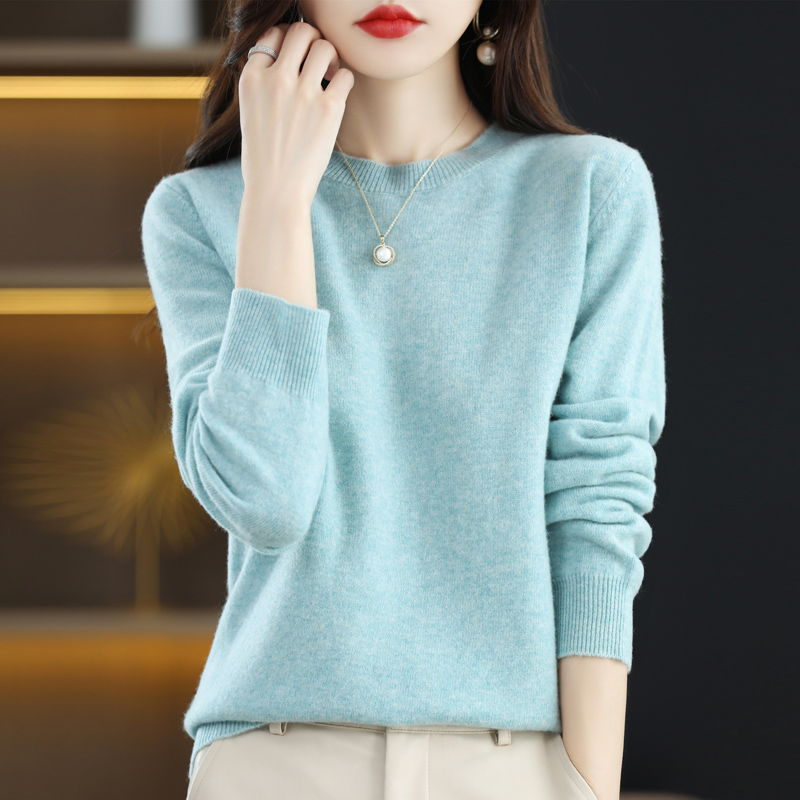 2022 Spring And Autumn New Pure Wool Ladies Pullover Long-Sleeved Round Neck Solid Color Sweater Knitted Bottoming Loose Top alx