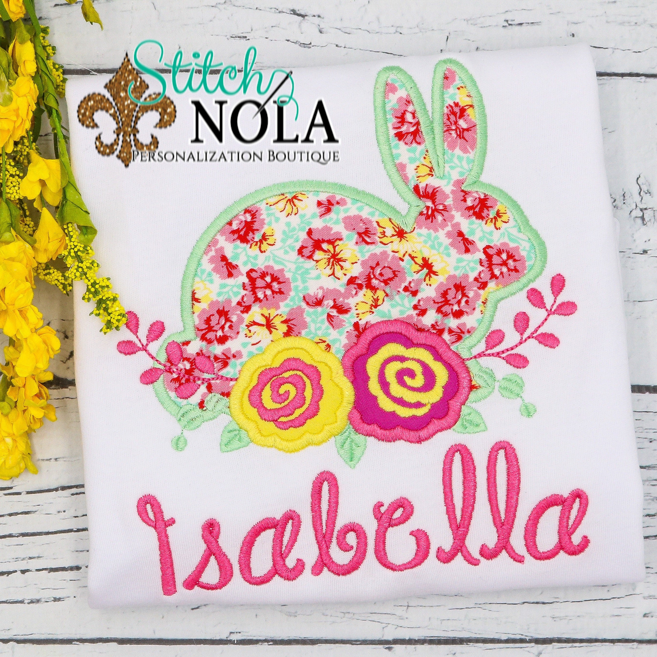 Personalized Floral Easter Bunny With Flowers Appliqué Shirt