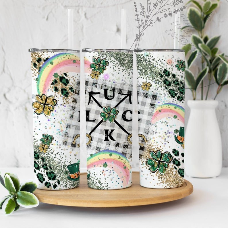 St.Patrick’S Day Tumbler, Luck Shamrock Leopard Rainbow Stainless Steel Tumbler