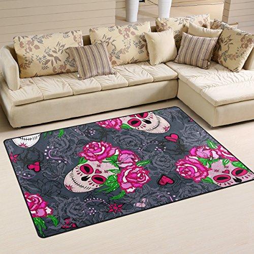 Heart Sugar Skull Pink Roses Kids Area Rug 31×20 Inch, Non-Slip Floor Mat Soft Resting Area Doormats for Living Dining Bedroom