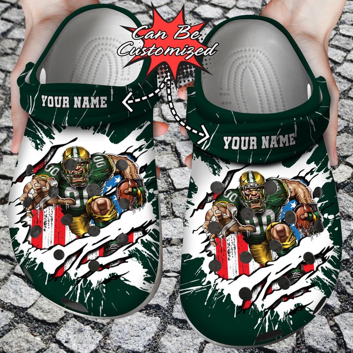 Football Crocss – Personalized Green Bay Packers Mascot Ripped Flag Clog Shoes