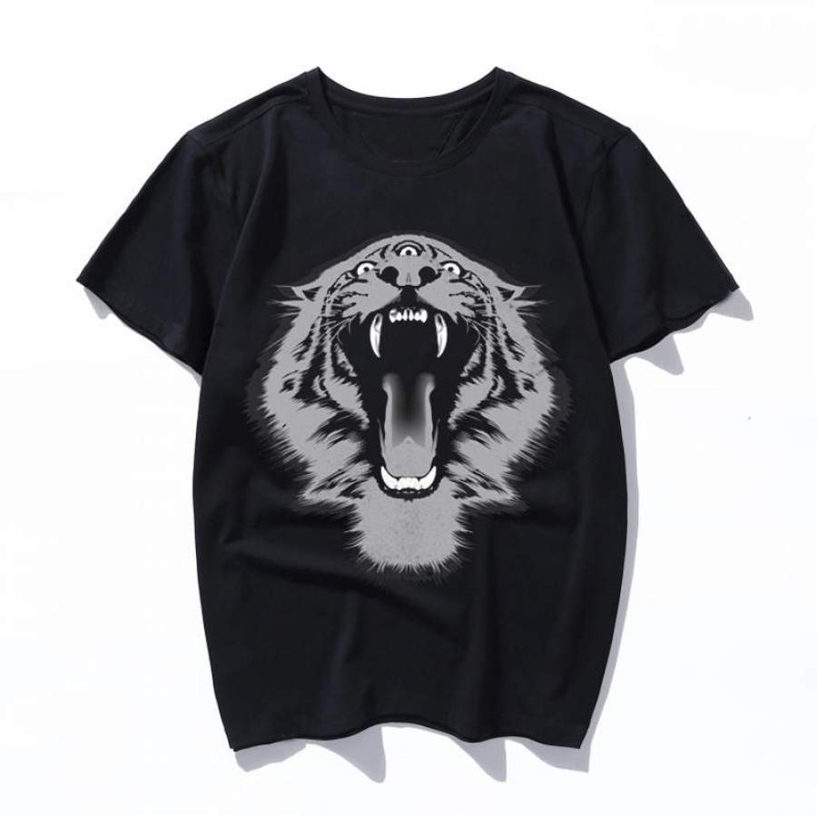 3 eye tiger Summer Casual Cartoon Funny Vintage Short Sleeve Women men Tees Loose Large Size Couple Harajuku T-Shirt