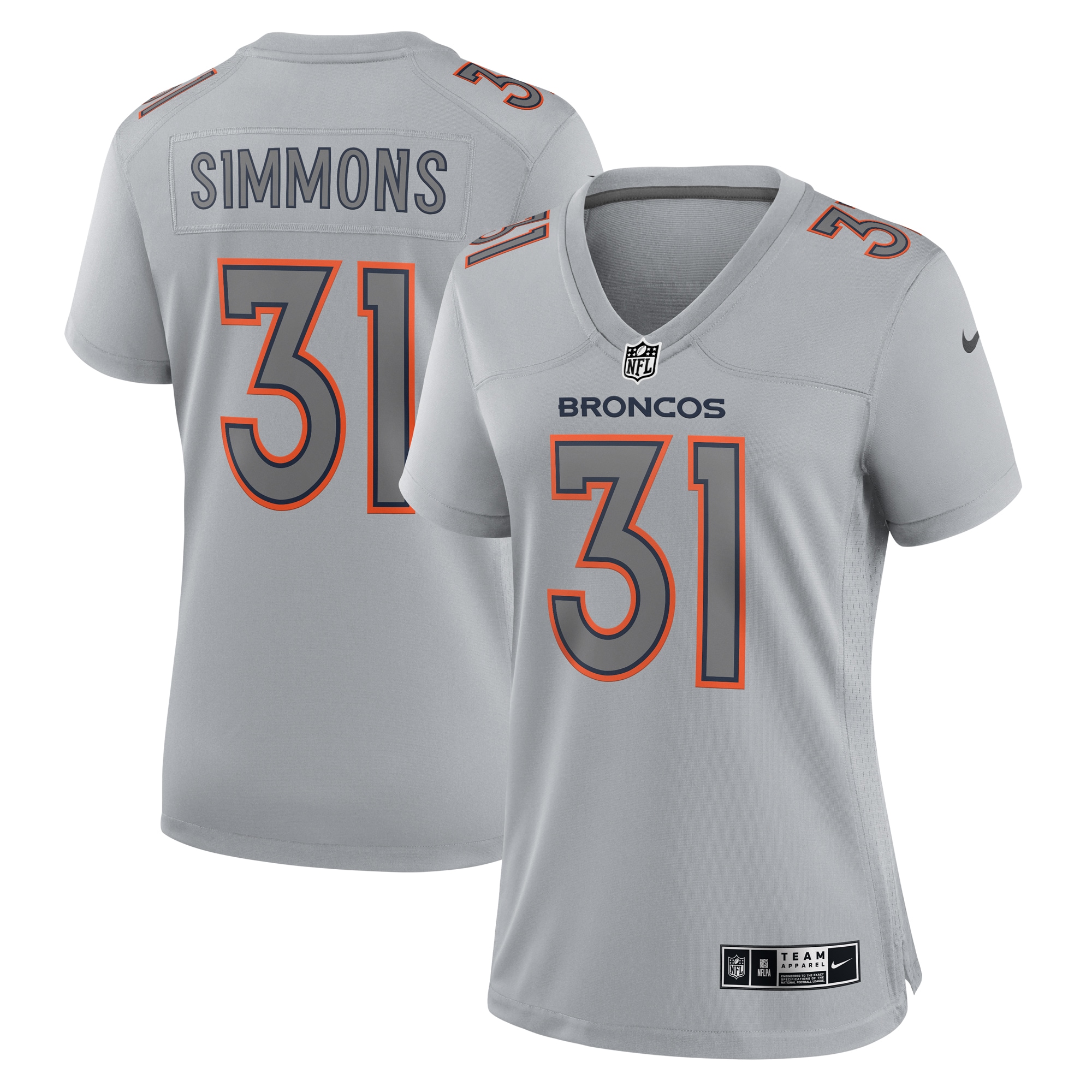 Women’s Denver Broncos Justin Simmons Gray Atmosphere Fashion Game Jersey