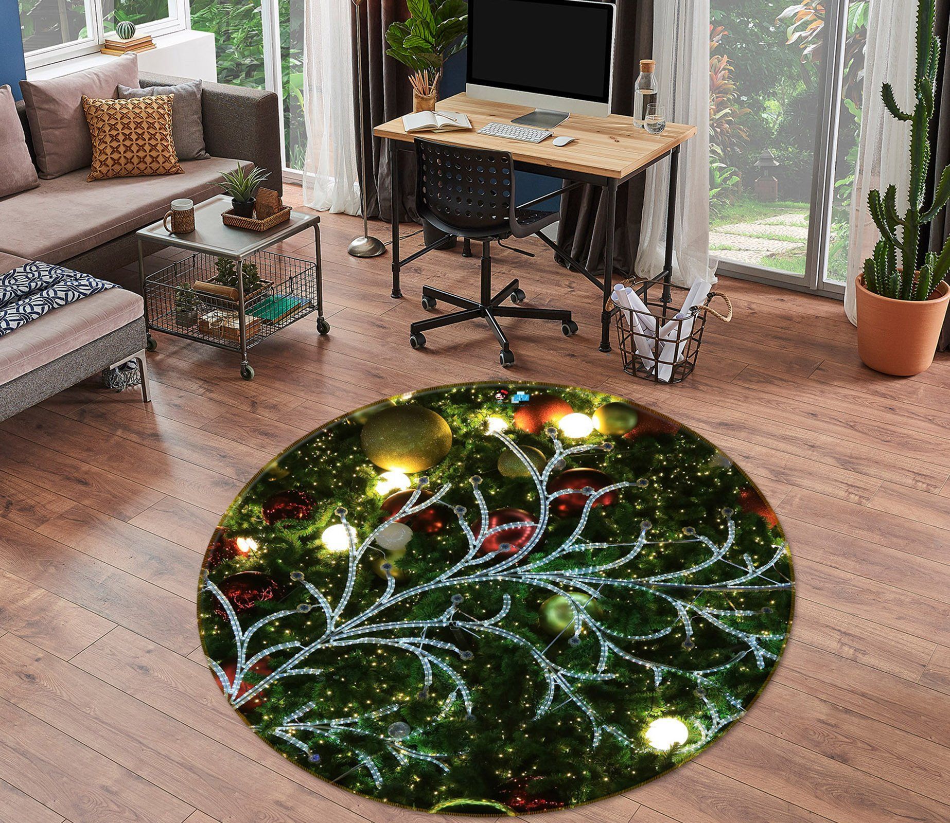 3D Branches Light 54173 Christmas Round Rug – Round Carpet Home Decor Xmas