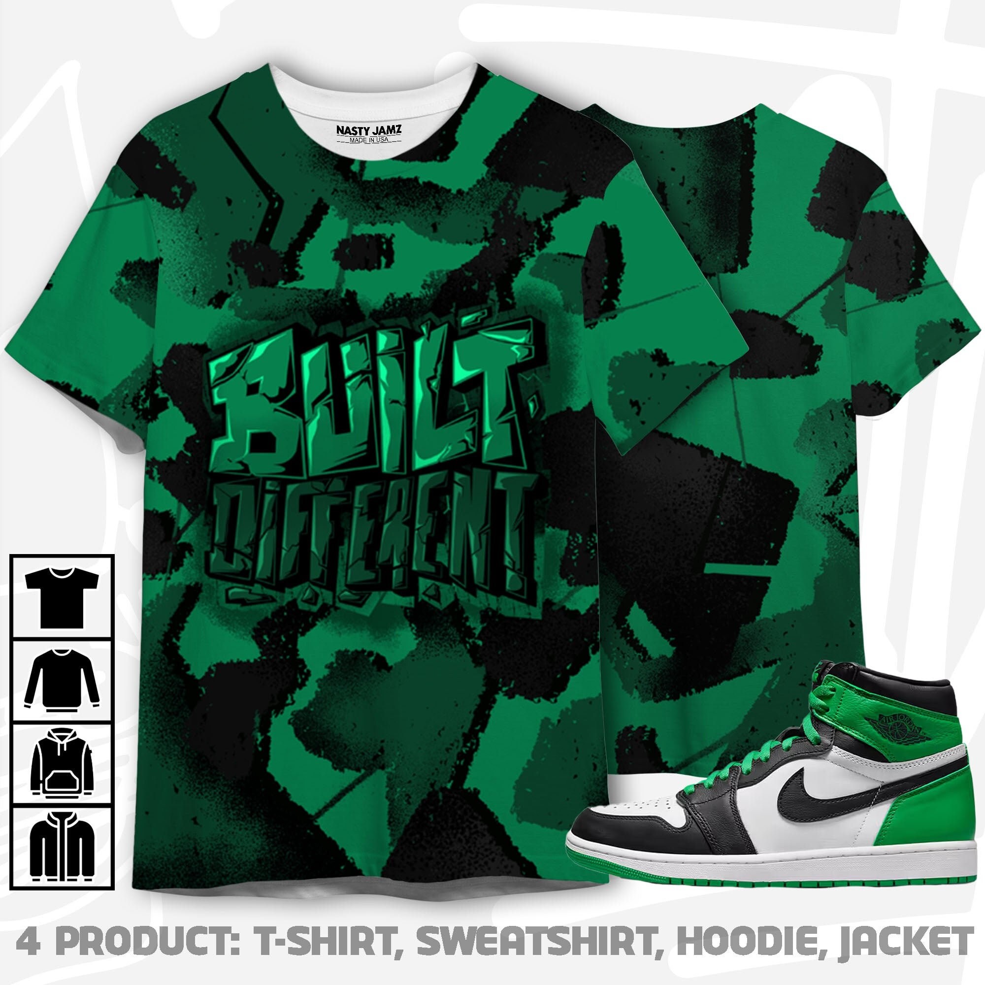 Built Different 3D Broken Unisex Shirt match Jordan 1 Celtic Lucky Green, Built Different Tees , Shirt match To Sneaker