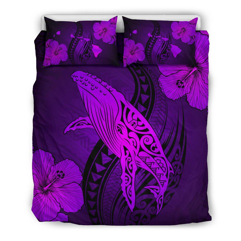 Hawaiian Map Whale Swim Hibiscus Polynesian Bedding Set – Purple