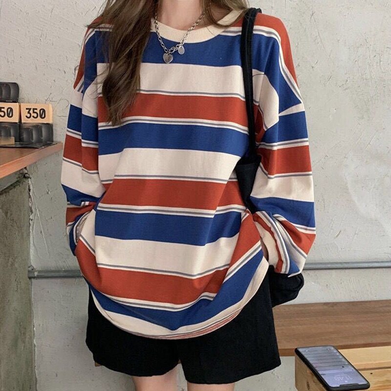 Women Sweatshirt Striped Thin Pullover T Shirt Harajuku Pullovers Korean Fashion Couples Matching Long Sleeve Tops Sweatshirt alx