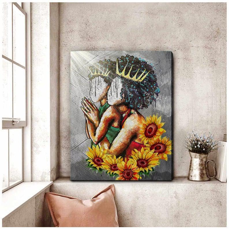Black Mom And Son Praying Poster Canvas, Black Mom & Child Print, Black Mother Gift, African American Family Decor