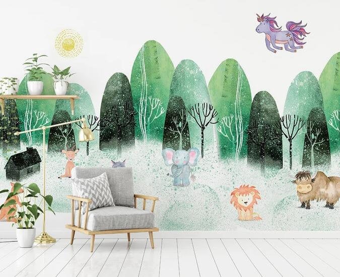 3D Kids, Watercolor, Forest, Animal Wallpaper-Nursery