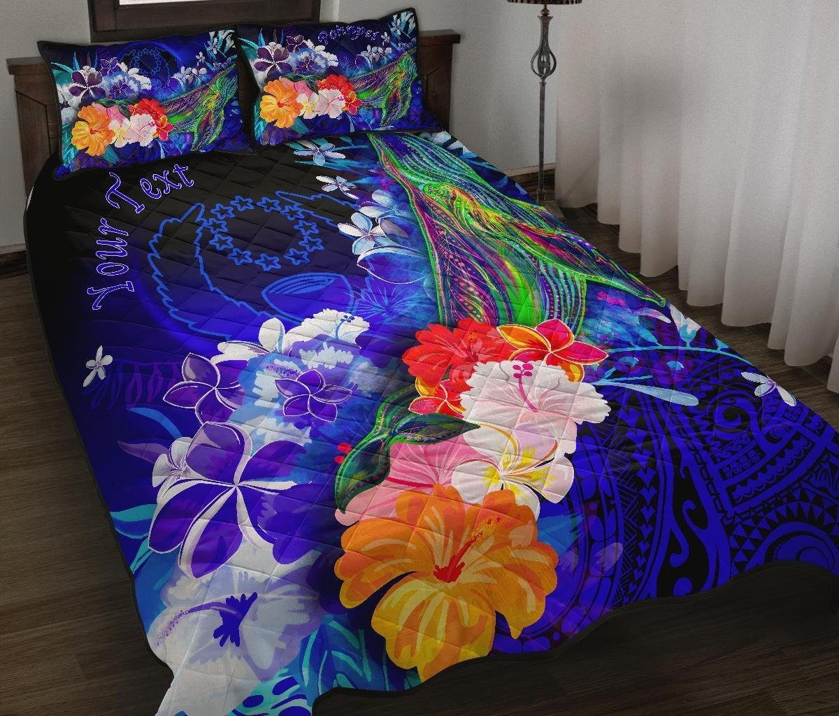 Pohnpei Custom Personalised Quilt Bed Set – Humpback Whale With Tropical Flowers (Blue)