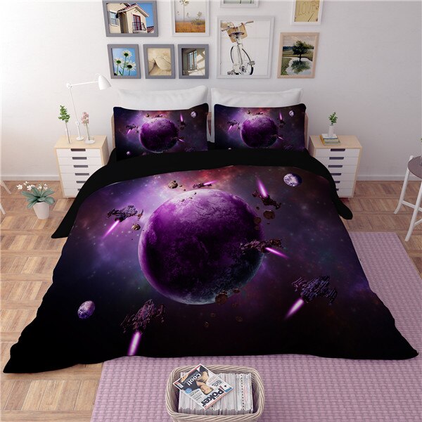 3D Galaxy Bedding Sets Queen Size Universe Outer Space 3/4Pcs Black Purple Planet Nebula Bed Sheets Pillowcase Duvet Cover Sets