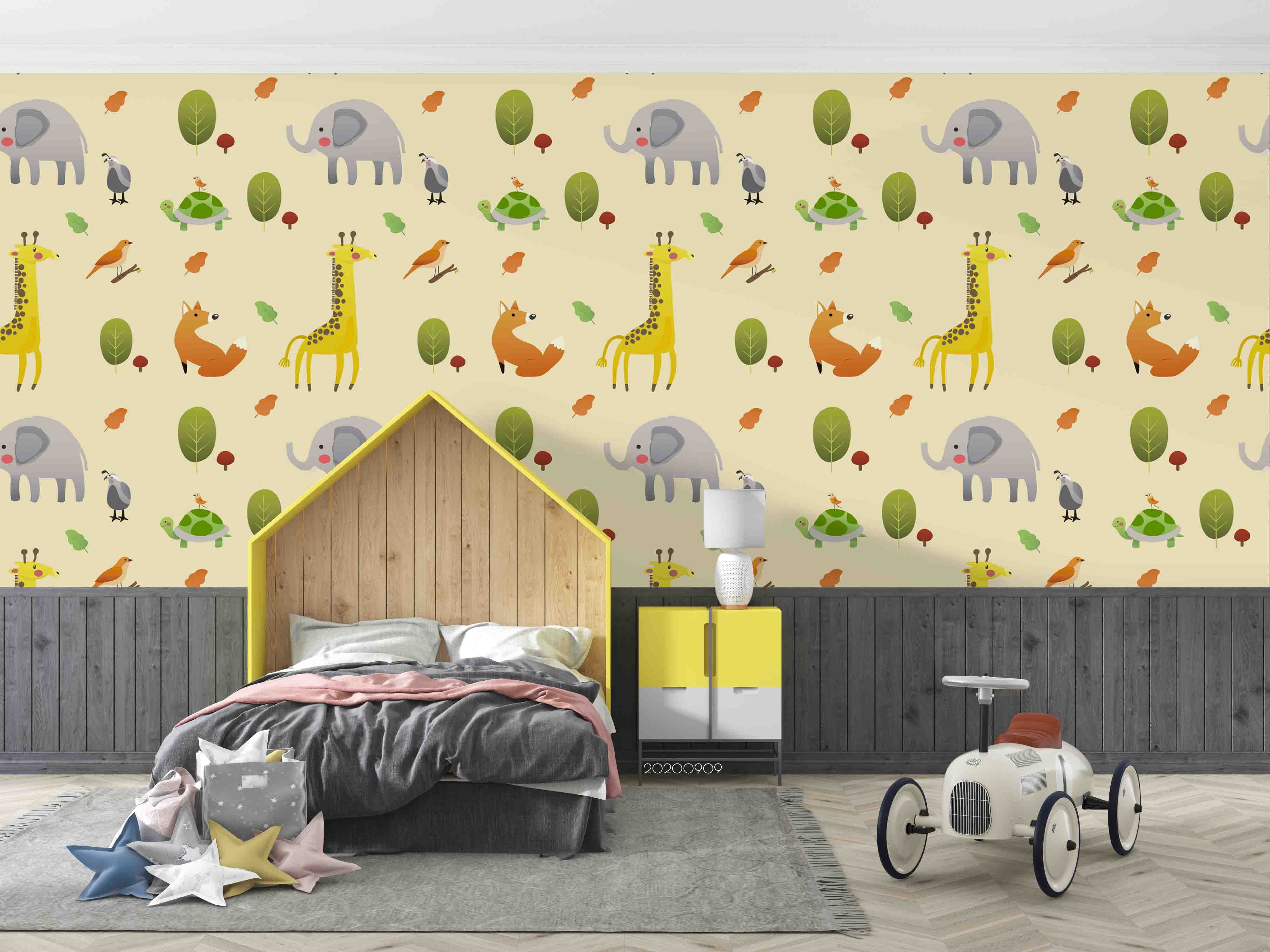 3D Cartoon Giraffe Fox Elephant Animal Plant Wall Mural Wallpaper Lxl