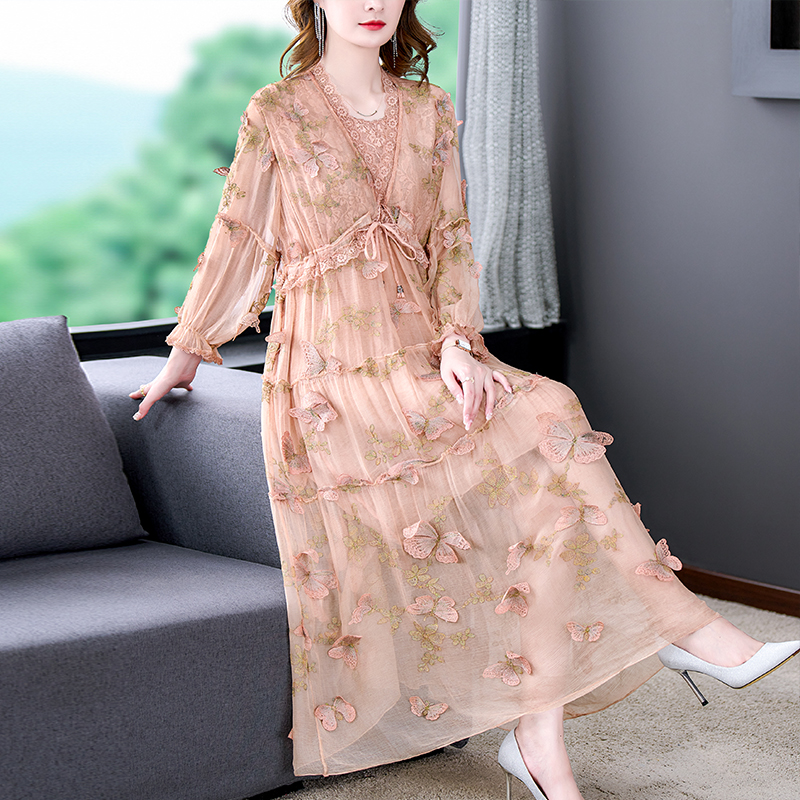 Autumn Embroidered Floral Silk Light Color Midi Dress Women’s Fashion Beach Dress 2022 Elegant Three-dimensional DecorativeDress alx