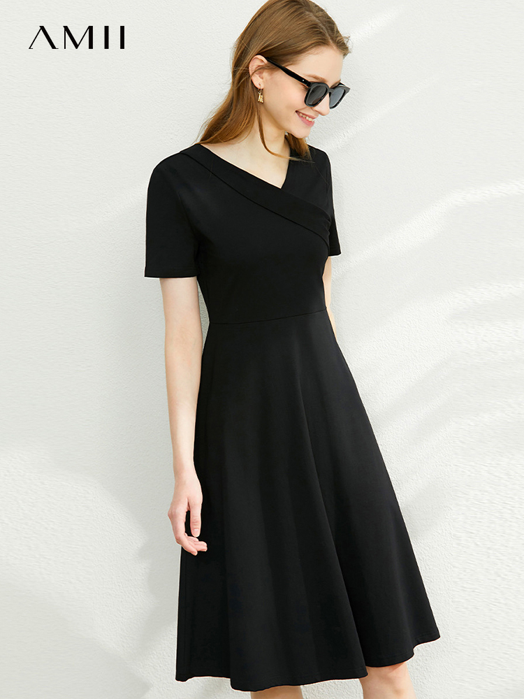 Amii Minimalism Summer New Fashion Dress For Women Offical Lady Solid Vneck Loose Aline Casual Women’s Summer Dress 12260038 alx