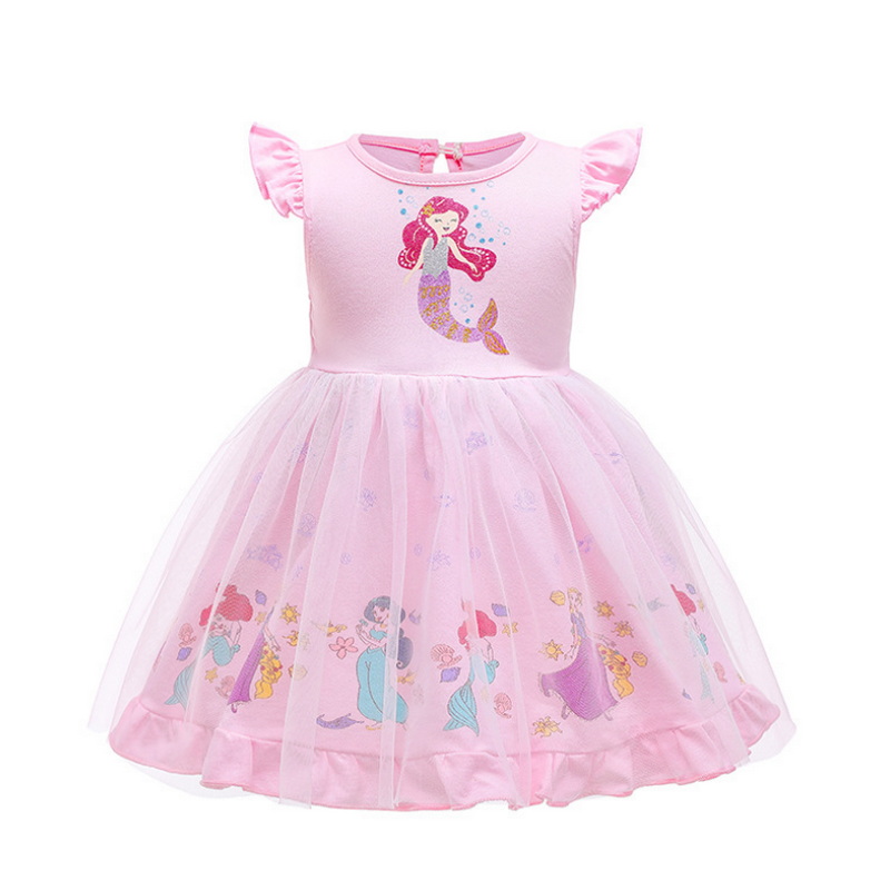 2021 Hot Sale New Summer Girls Dress Short Puff Sleeves Cartoon Mermaid Cinderella Ice Queen Children Clothing 2-6Y E15 alx