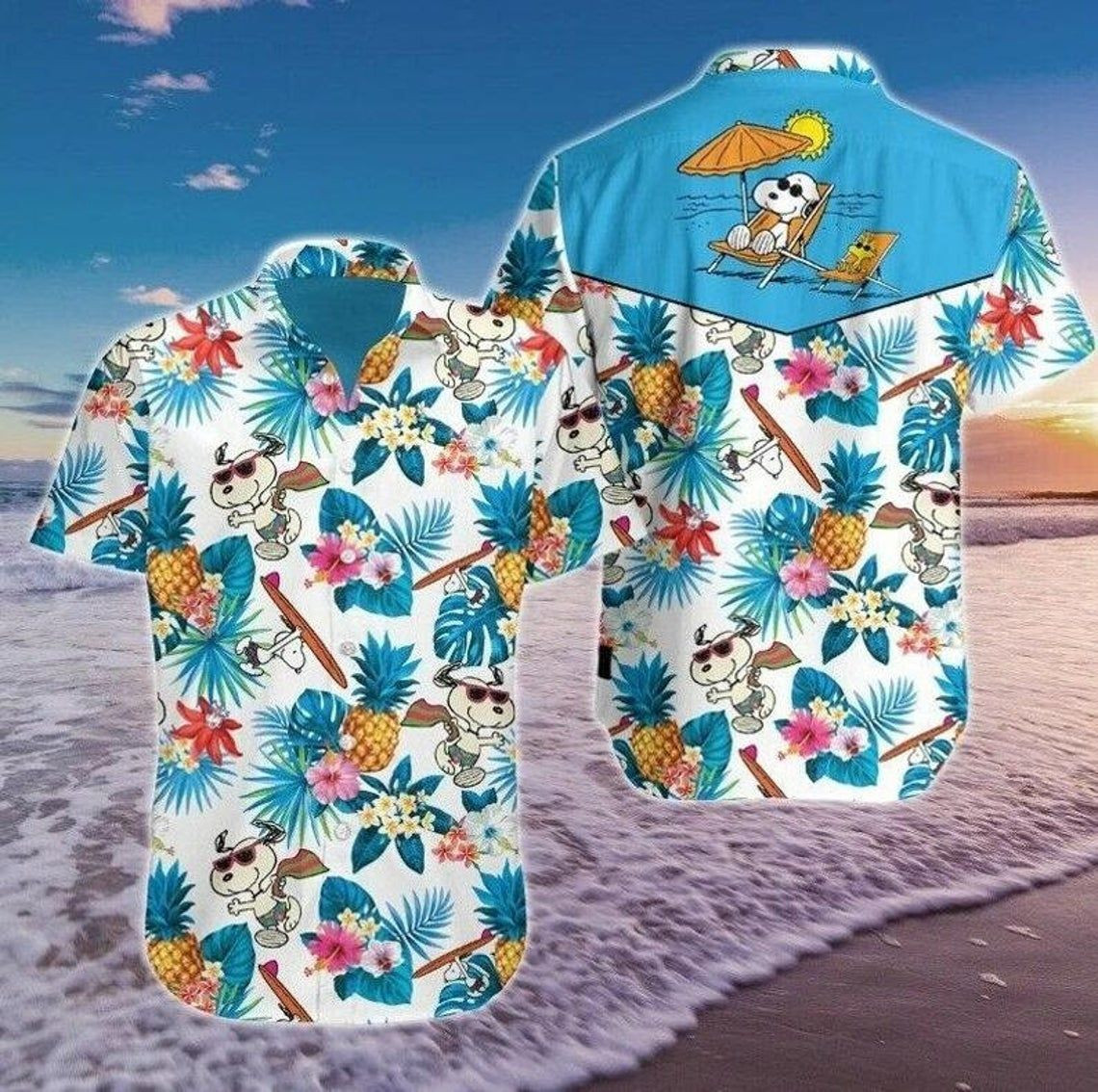 Snoopy Tropical Pattern Graphic Print Short Sleeve Hawaii Shirt Ha67904