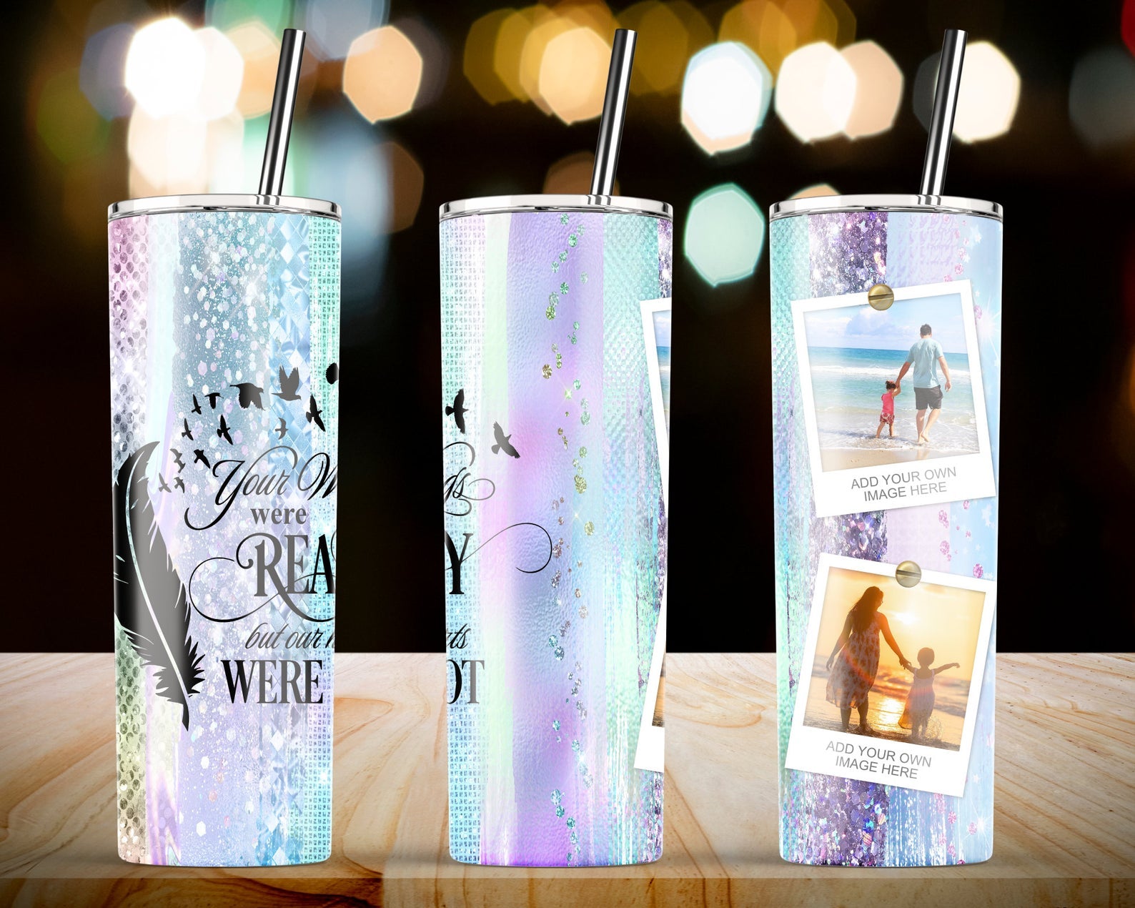 Wings Were Ready Pastel Rainbow Personalized Photo 20Oz Skinny Tumbler, Family Photo Tumbler, 2 Pictures Custom Skinny Tumbler