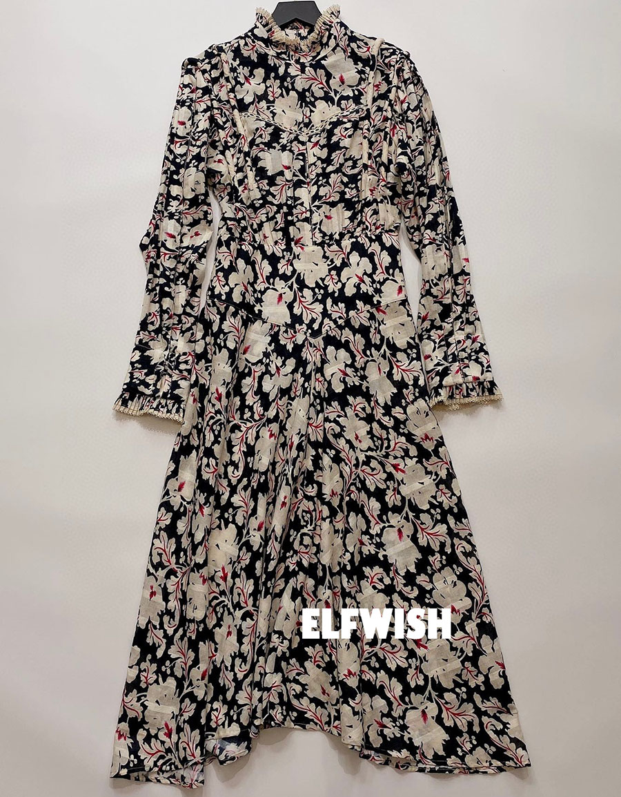 Woman Floral Print Long Dress Lace Ruffled Stand Collar Long Sleeves Elegant Cotton Midi Dress 2022 Autumn Winter alx