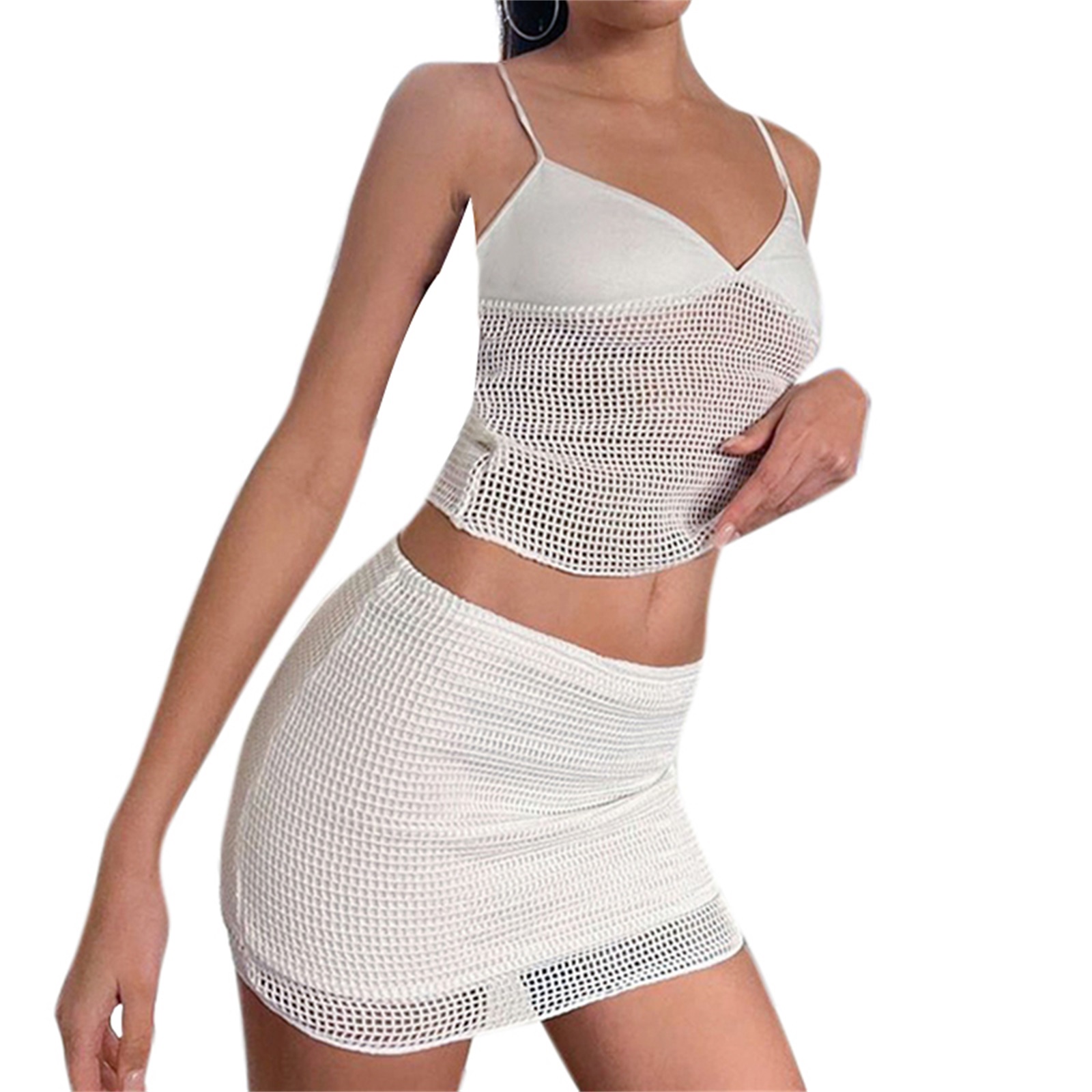 Women Crop Tops, Mesh Half Dress Suit, V Neck Cropped Shirt Casual Street High Waist Cutout Skirt alx