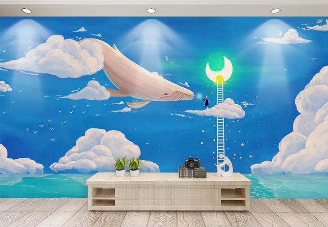 3D Ladder Shark Moon Sky Clouds Sea Boat Wall Mural Wallpaper 399