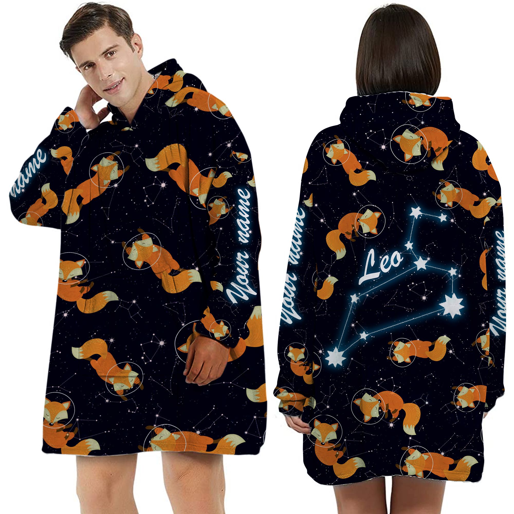 Zodiac Leo Foxes Custom Name Huggle Hoodie For Animal And Astronomy Lovers