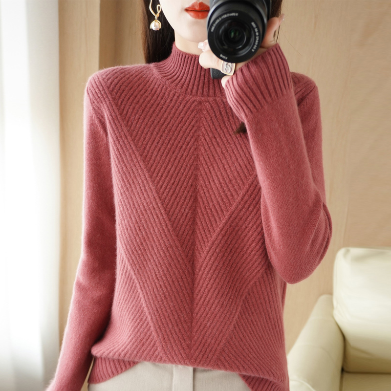 Autumn Winter New Cashmere Sweater Women Keep Warm Half high collar Pullovers Knitting Sweater Fashion Long Sleeve Loose Tops alx