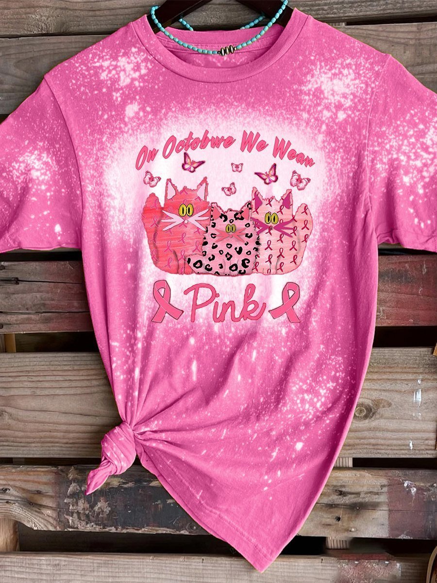 Breast Cancer Awareness In October We Wear Pink Cat Tshirt Hg Bleached T Shirt