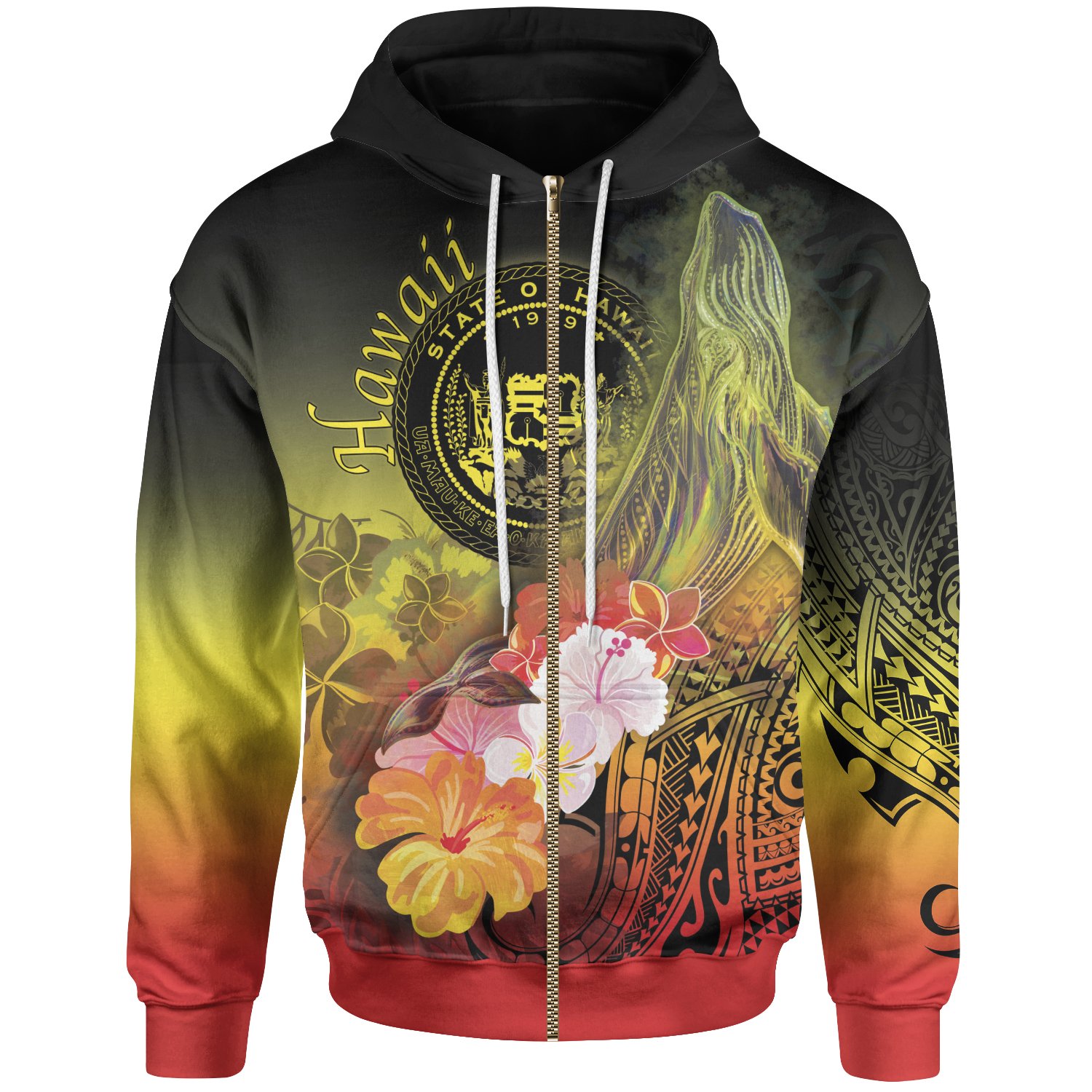 Polynesian Hawaii Zip-Up Hoodie – Humpback Whale with Tropical Flowers (Yellow)- BN18