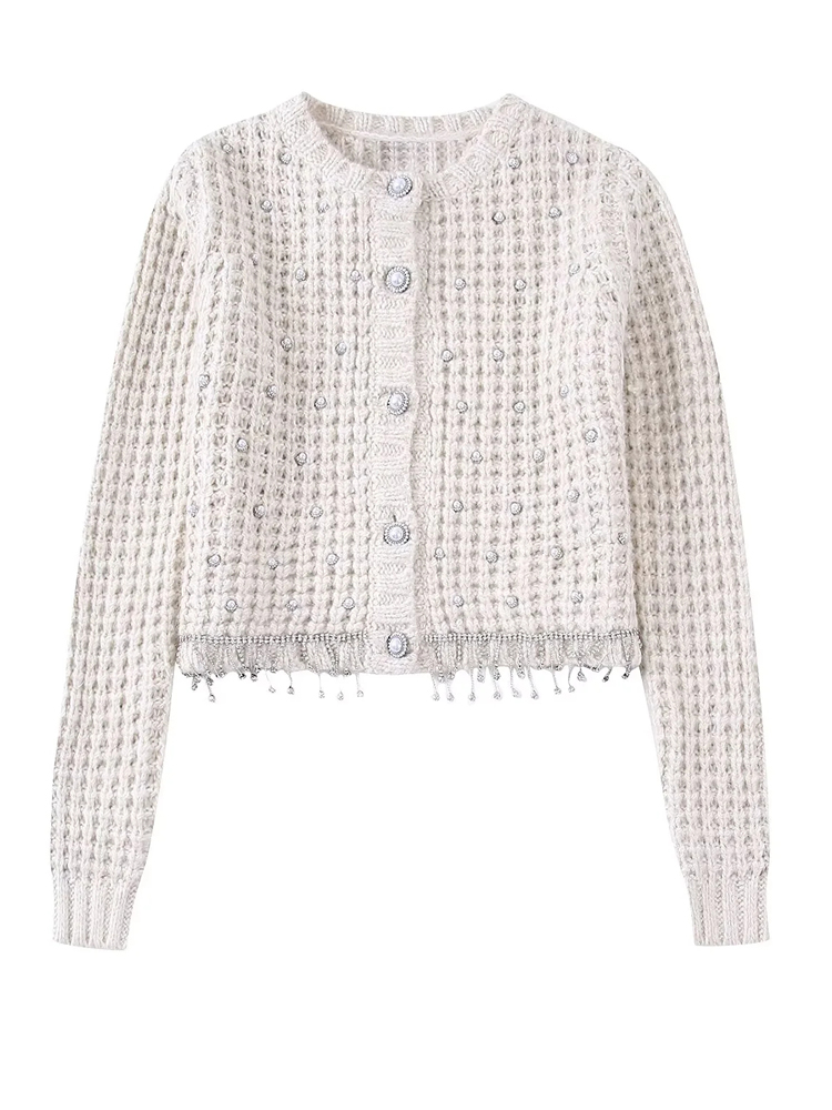 TRAF Beige Knitted Cardigan Woman Beads Cropped Cardigan Women Long Sleeve Autumn Sweater Female Faux Pearl Button Crop Sweater alx