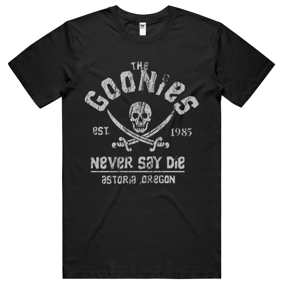 The Goonies – Never Say Die – Grey On Black T Shirts