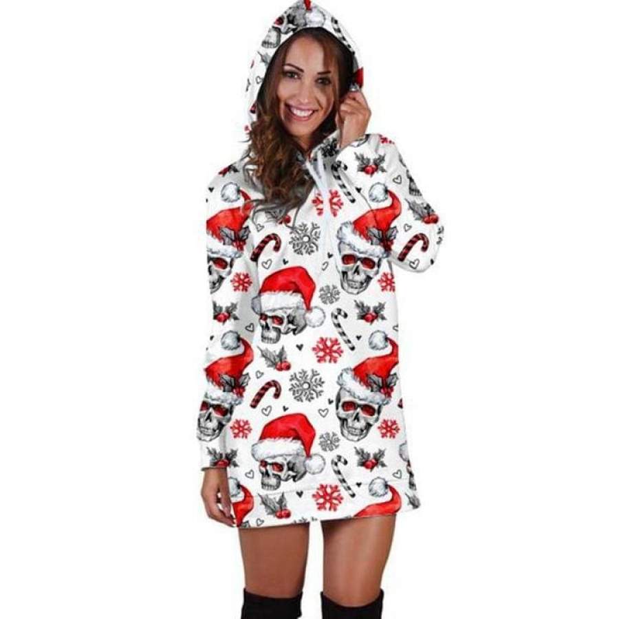 Christmas White Snowflake Skull Women Hoodie Dress 3D All Over Print
