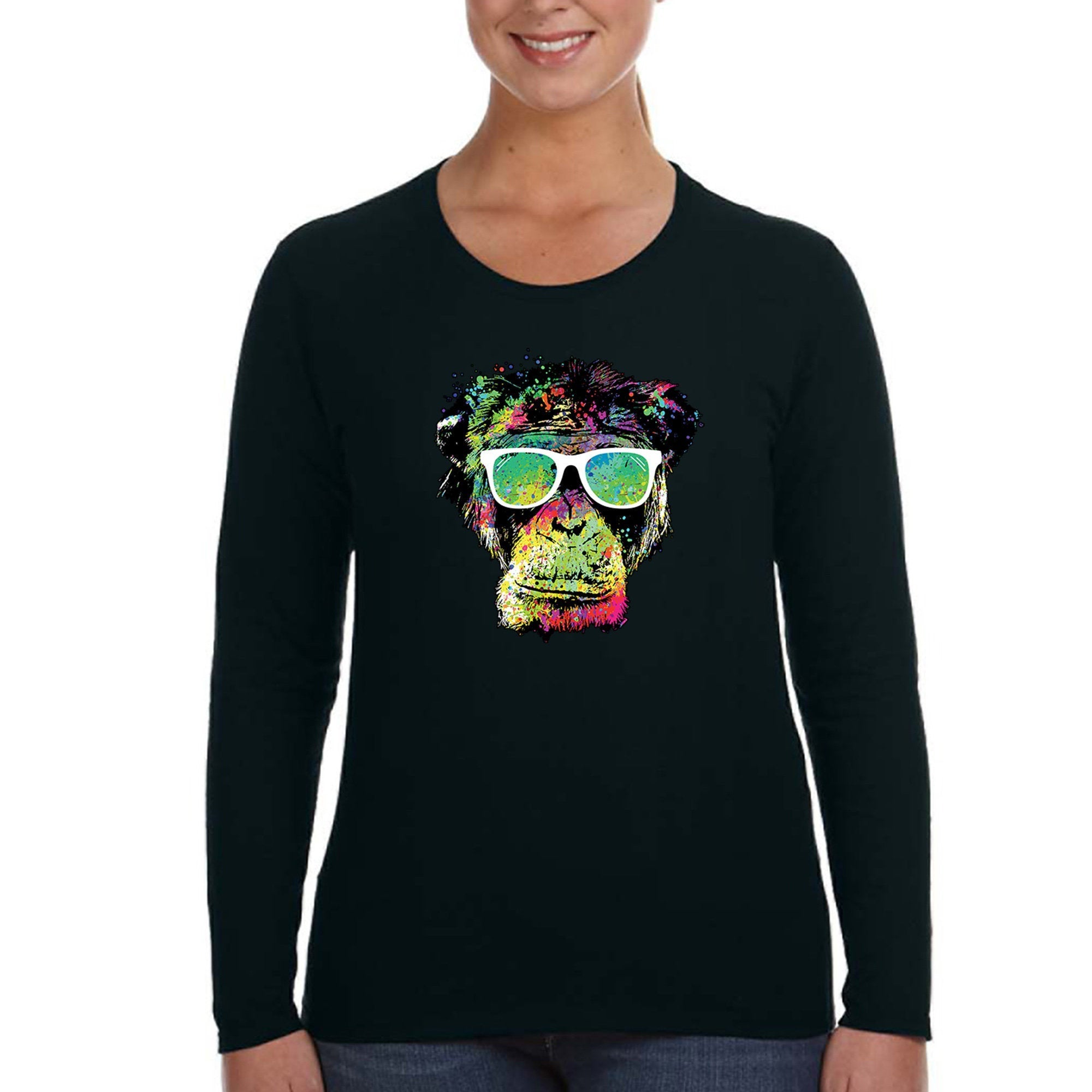 Xtrafly Apparel Women’S Neon Monkey Glasses Ape Chimp Chimpanzee Gorilla Primate Tie Dye Wild Animal Jungle Zoo African Long Sleeve T-Shirt