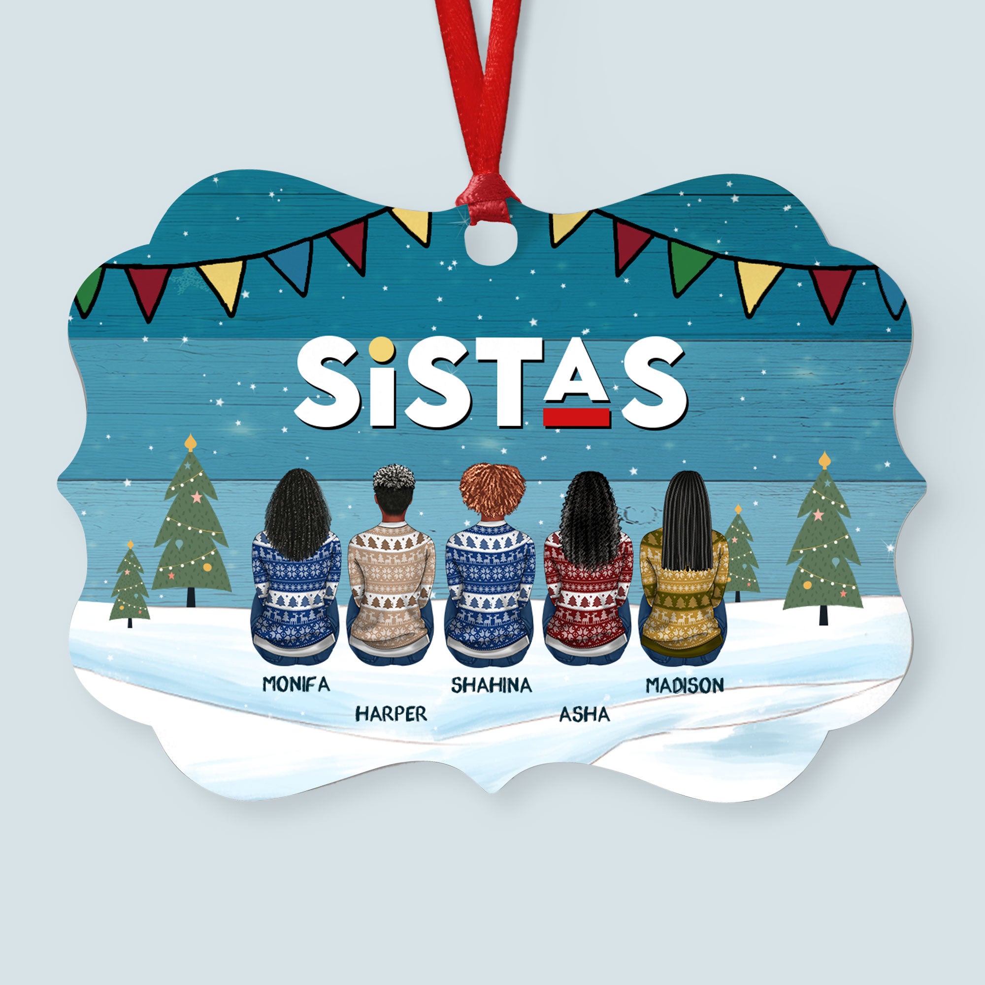 Sistas And Brothas Snowy Day – Personalized Aluminum Ornament – Christmas Gift Black Cultured Ornament For Friends And Siblings – Ugly Christmas Sweater Sitting