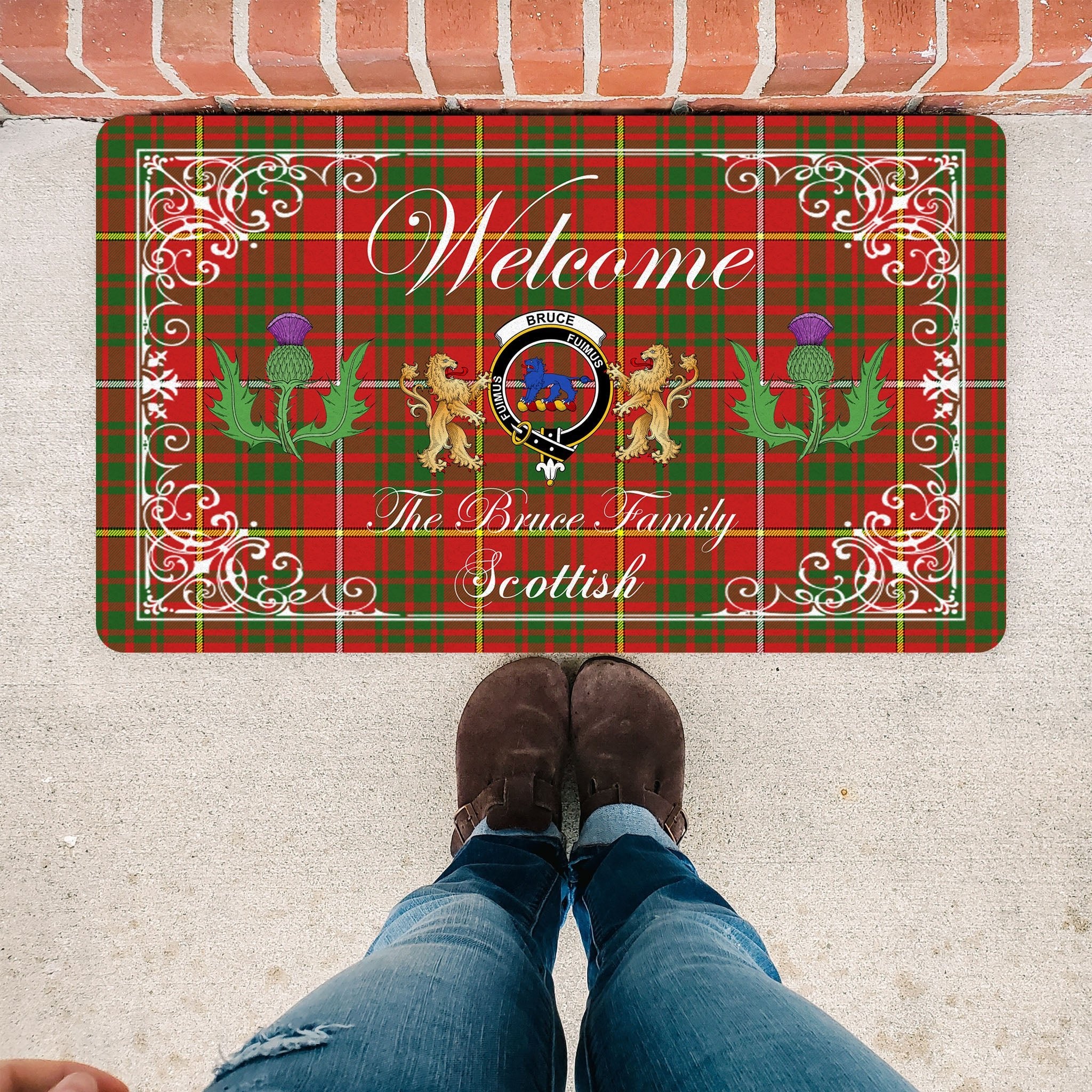 Scotstee Shop Tartan Door Mats Clan Bruce Badge Tartan Thistle And Two Lion Scottish Plaid Doormat, Christmas Door Mat Gift