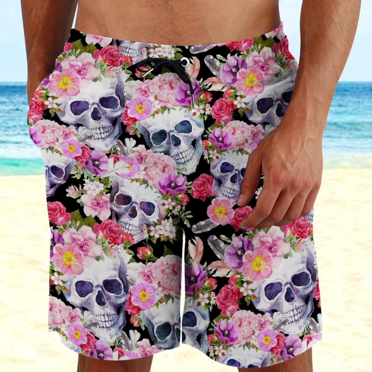 Skull Flower Hawaii Beach Shorts Colorful S Ha71488