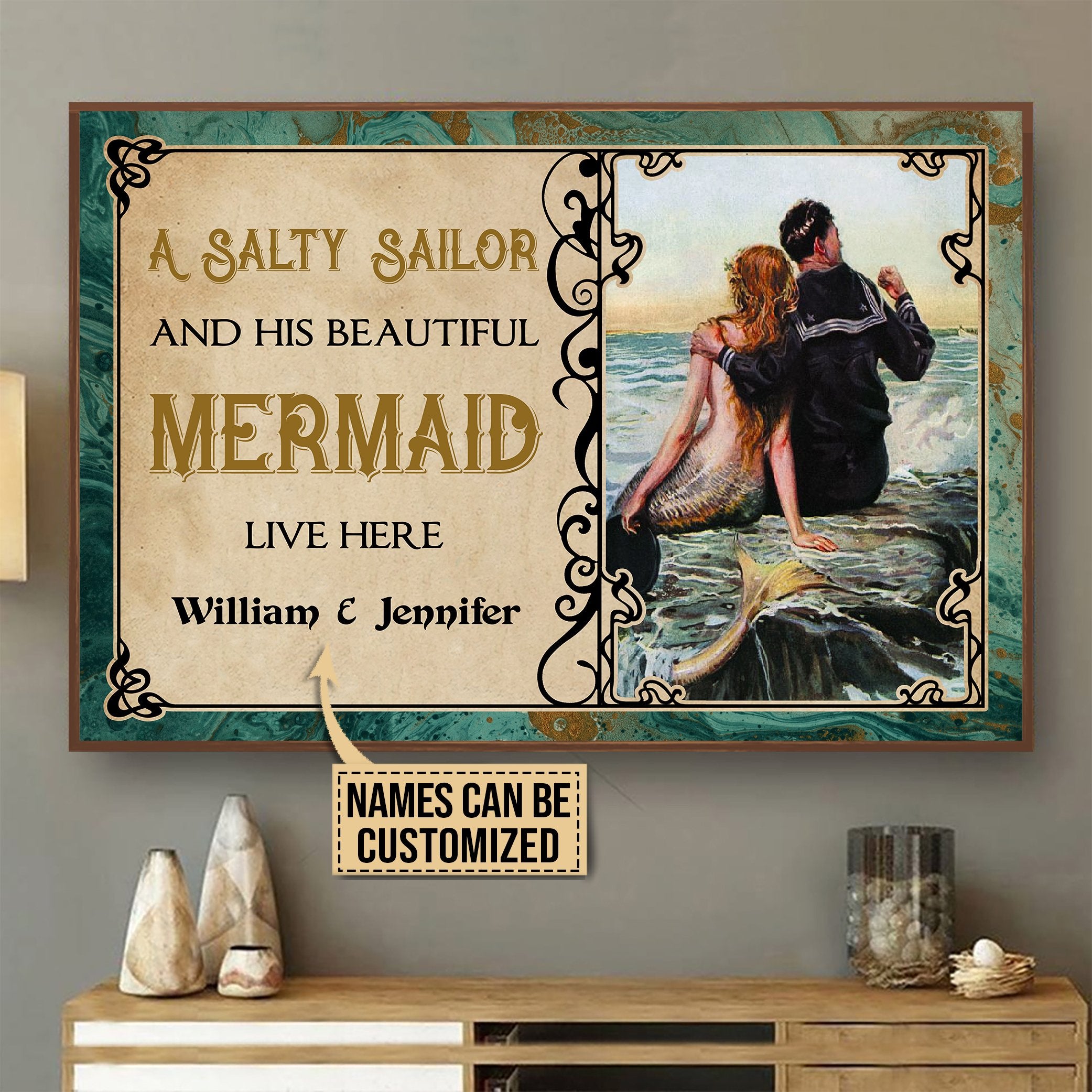 Aeticon Gifts Personalized Sailor And Mermaid Canvas Mom Dad Gift Home Decor