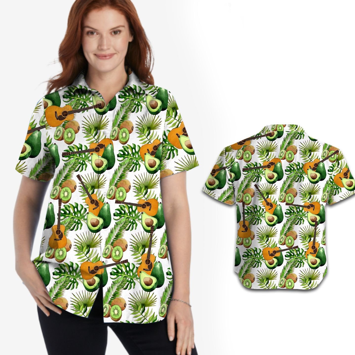 Tropical Avocado And Kiwi Guitar Women Hawaiian Shirt For Guitarist