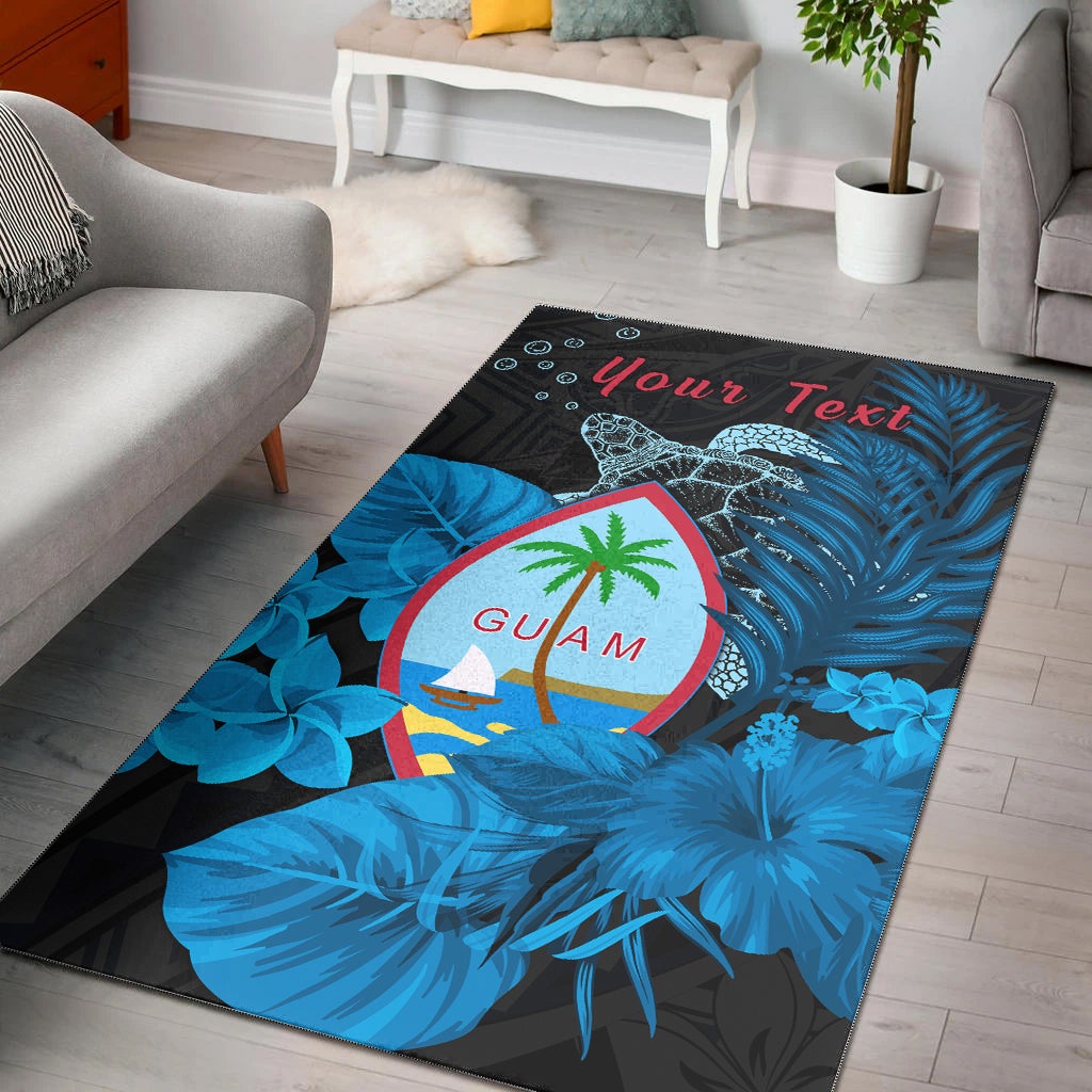 (Custom Personalised) Guam Seal Area Rug Polynesian Turtle With Flowers Version Blue Lt13