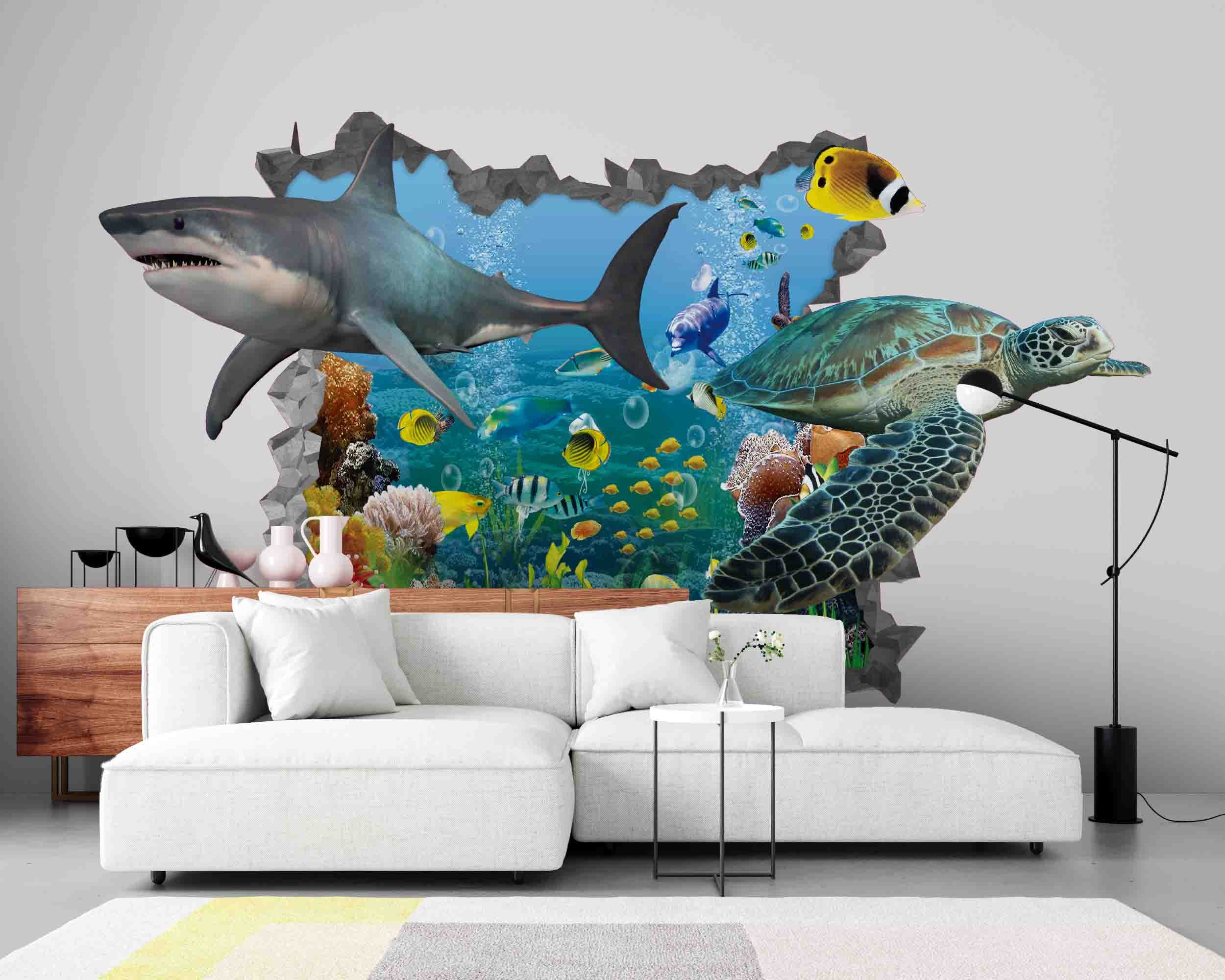 3D Wall Opening Marine Animals Shark Sea Turtle Wall Mural Wallpaper Zy D40