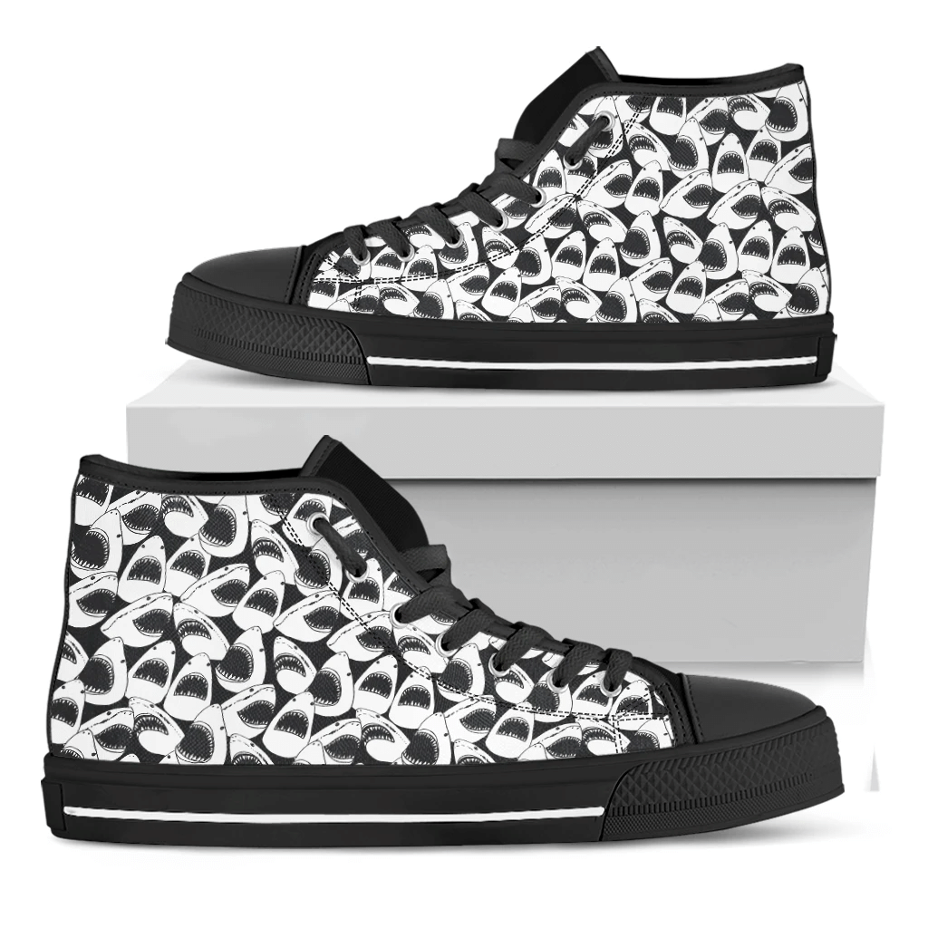 White And Grey Shark Pattern Print Black High Top Shoes For Men And Women