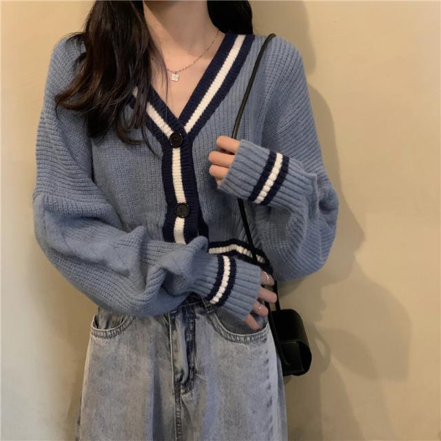 Women Cardigan Striped V-Neck Elegant Autumn Females Outwear Street Single Breasted Crop Top Leisure Chic Korean Style Soft Warm alx