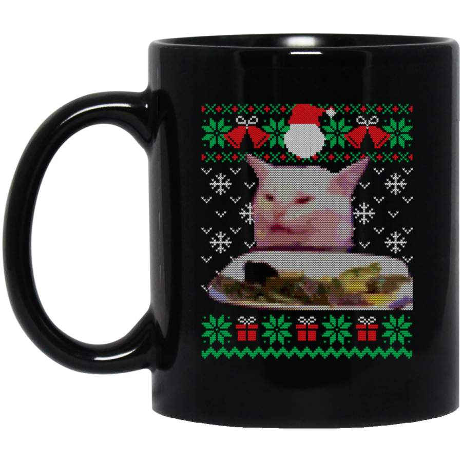 Woman Yelling at Cat Meme, Ugly Christmas Sweater 11 oz Black Mug