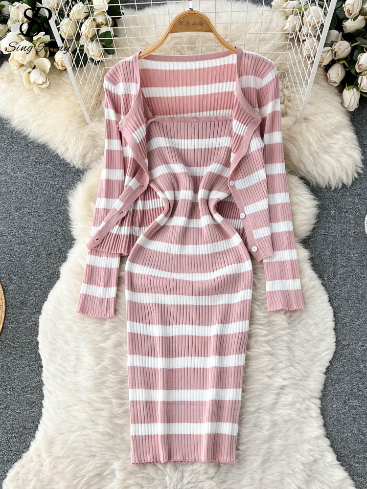 SINGREINY Korean Style Sweet Fashion Knitted Sets Long Sleeve Knit Cardigan Top+Slim Camis Dress Ladies Autumn Two Pieces Suits alx