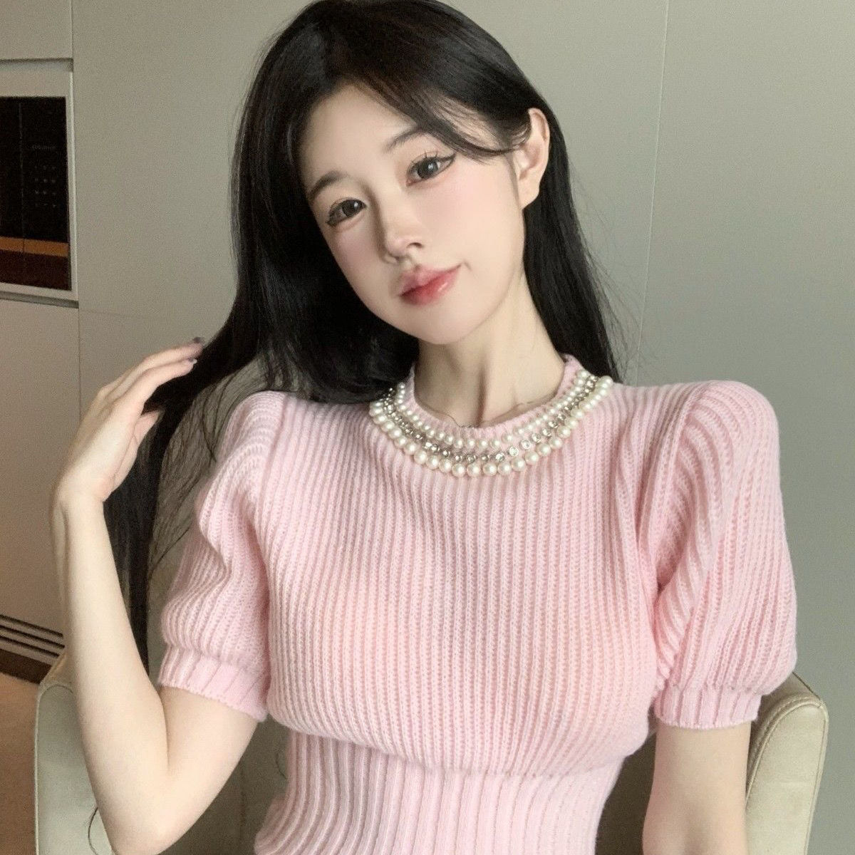 Sweet Beading Sweater Women Clothing O-neck Puff Sleeve Temperament Jumper Sueter Mujer Tunic Fashion Knitted Cropped Pullovers alx