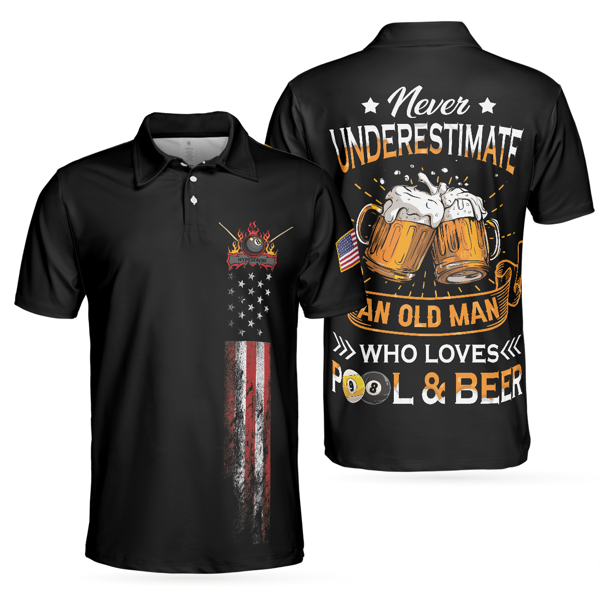 Never Underestimate An Old Man Who Loves Pool And Beer Polo Shirt, Black American Flag Billiards Shirt For Men