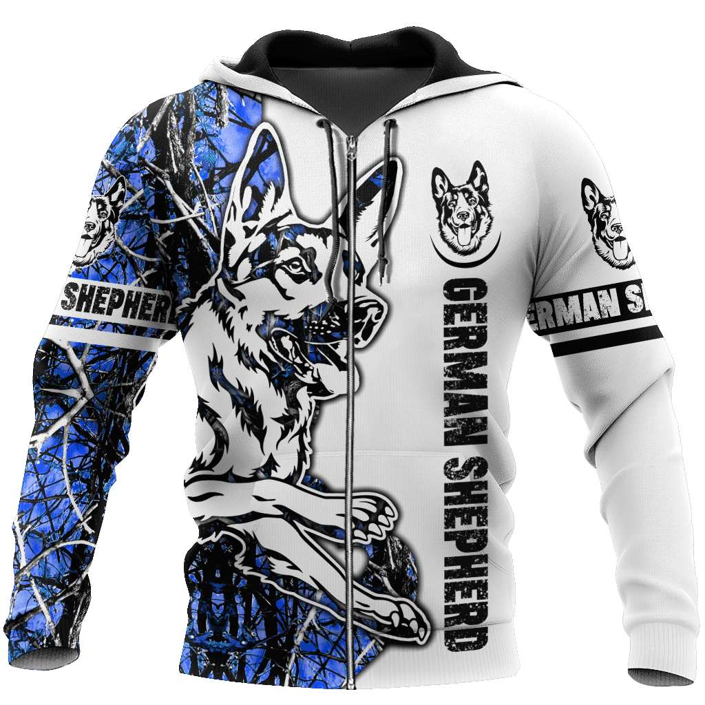 German Shepherd Blue Tattoo 3D All Over Print Zip Up Hoodie Shirt For Men And Women