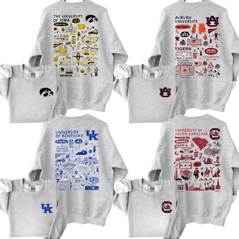 All Team NCAA Ash Grey Crewneck Sweatshirt 2-Sided, Hand Drawn University Impressions Artwork, Unisex College Spirit Shirt Top Cotton Full Size Full Color Printed Womenswear