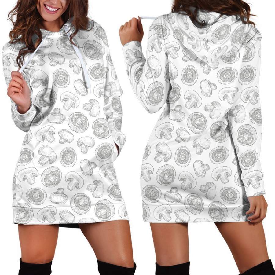 All Over Printing White Mushroom Hoodie Dress