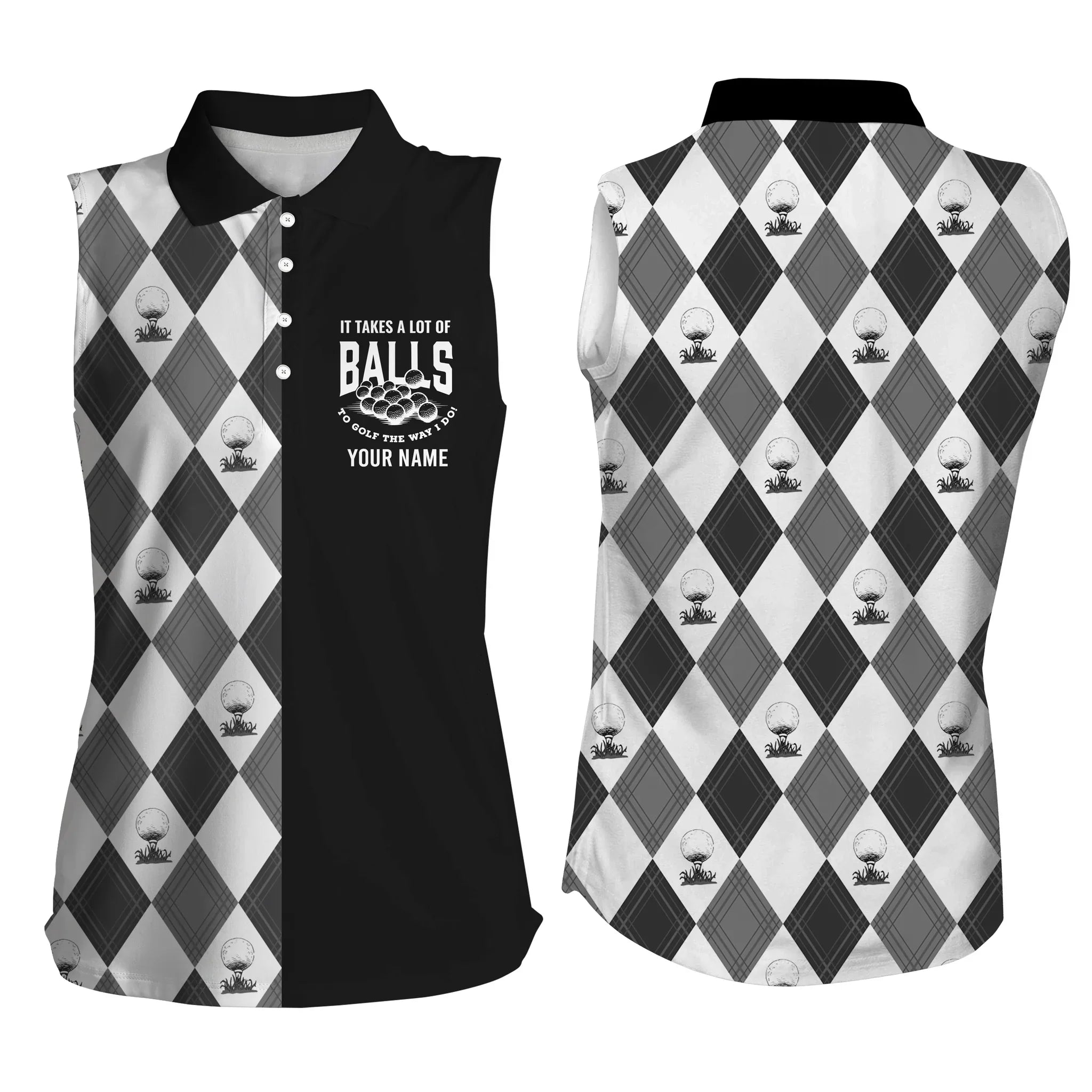 Black White Pattern Women Golf Sleeveless Polo Shirt, Custom It Takes A Lot Of Balls To Golf The Way