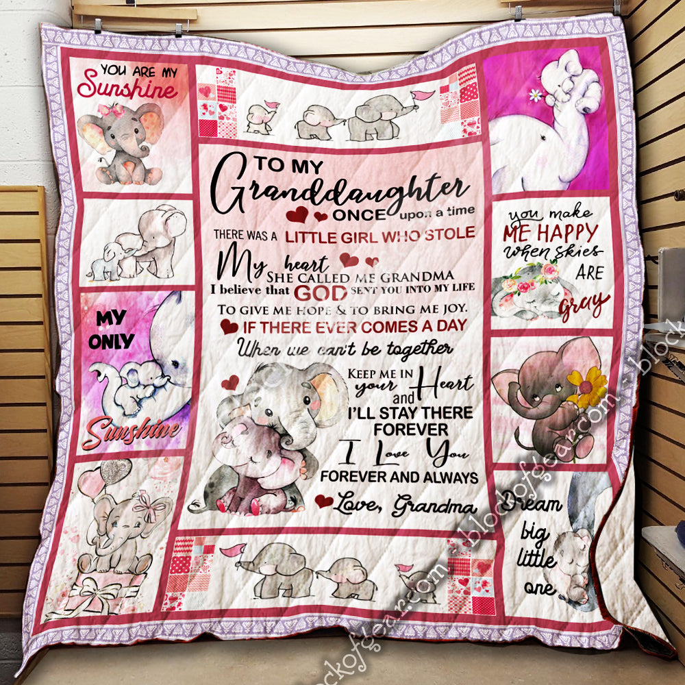 Holiday Gift – Baby Elephant And Mother Elephant  Love  To My Granddaughter  Pink And White Background  Quilt Blanket